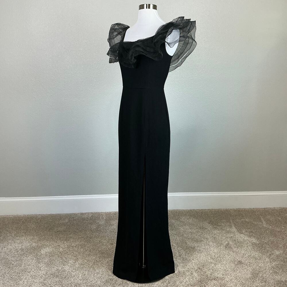 Aidan Mattox Black Evening Gown Ruffled Off the Shoulder Column Dress Size 4 - Picture 5 of 11